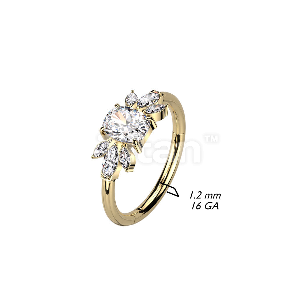Implant Grade Titanium Hinged Segment Hoop Ring With Emerald Cut CZ Center Between Double CZ Marquise Leaf  - Image 4