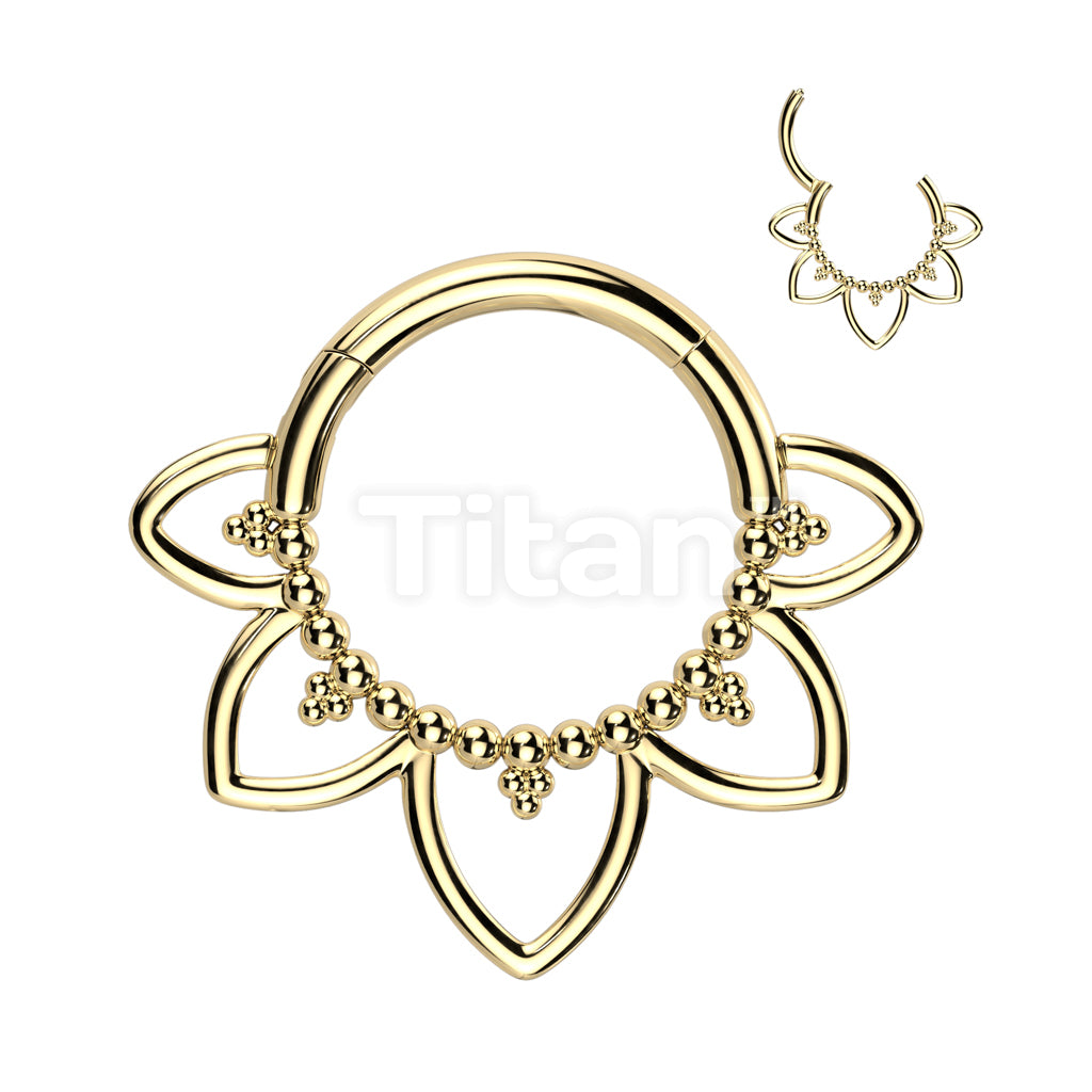 Implant Grade Titanium Hinged Segment Hoop Ring With Heart Filigree and Beaded Balls - Image 2