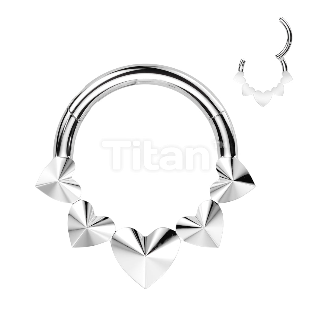 Implant Grade Titanium Hinged Segment Hoop Ring With 5 Front Facing 3D Hearts - Image 3