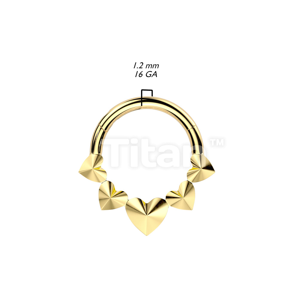 Implant Grade Titanium Hinged Segment Hoop Ring With 5 Front Facing 3D Hearts - Image 4