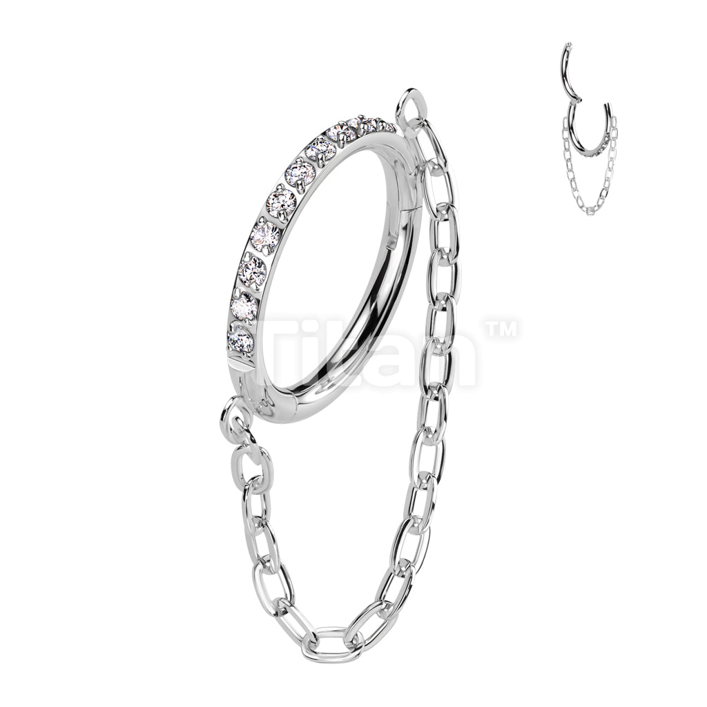 Implant Grade Titanium Hinged Segment Hoop Ring Lined With Outward Facing Pave CZ and Chain Link - Image 2