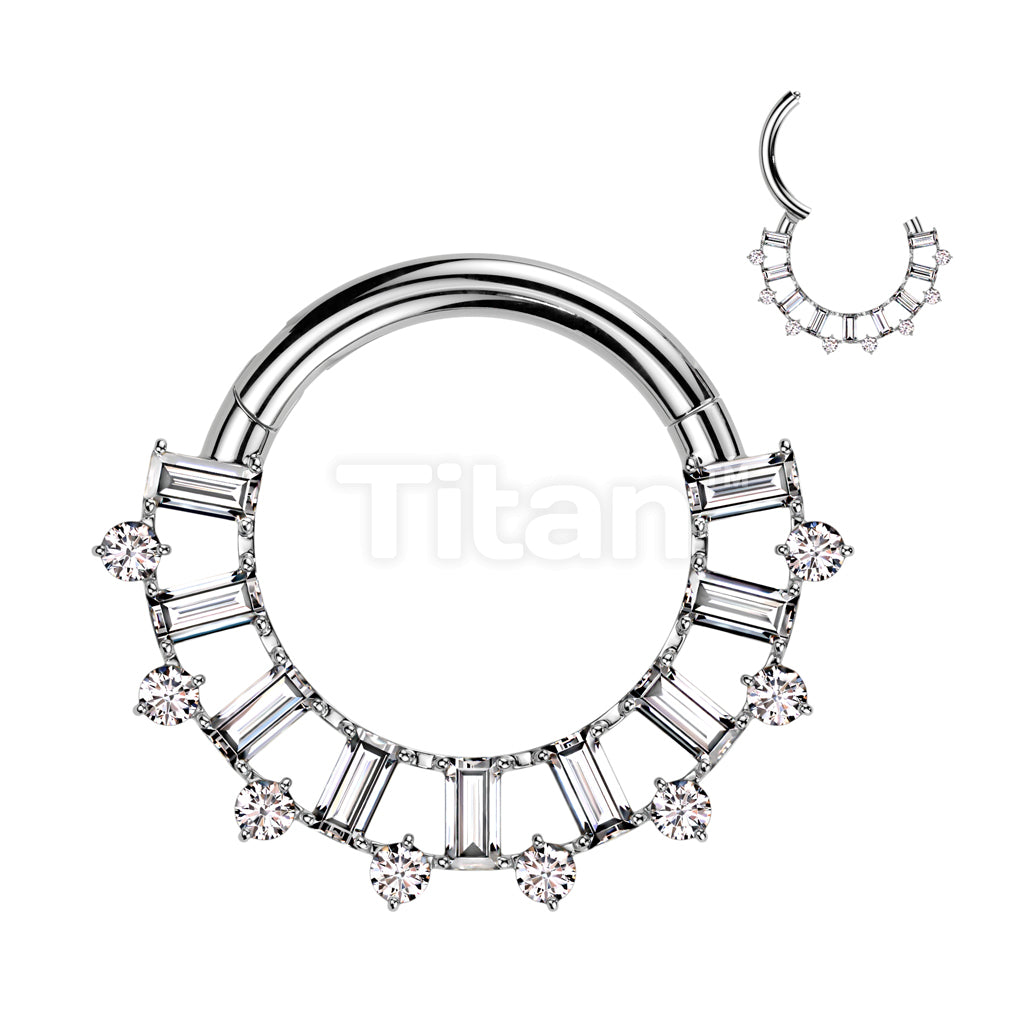 Implant Grade Titanium Hinged Segment Hoop Ring With Forward Facing Baguette CZ Fan and Round CZ Edge - Image 2