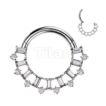 Implant Grade Titanium Hinged Segment Hoop Ring With Forward Facing Baguette CZ Fan and Round CZ Edge - Image 2