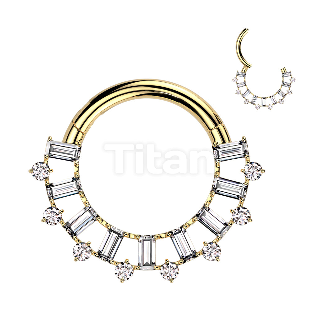 Implant Grade Titanium Hinged Segment Hoop Ring With Forward Facing Baguette CZ Fan and Round CZ Edge - Image 3