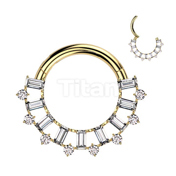 Implant Grade Titanium Hinged Segment Hoop Ring With Forward Facing Baguette CZ Fan and Round CZ Edge - Image 3