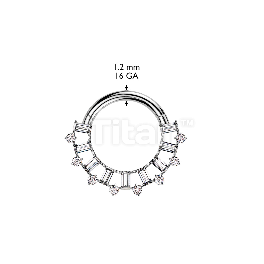 Implant Grade Titanium Hinged Segment Hoop Ring With Forward Facing Baguette CZ Fan and Round CZ Edge - Image 4