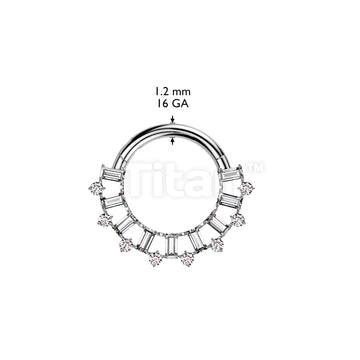 Implant Grade Titanium Hinged Segment Hoop Ring With Forward Facing Baguette CZ Fan and Round CZ Edge - Image 4