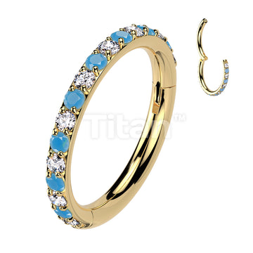 Implant Grade Titanium Hinged Segment Hoop Ring With Outward Facing Pave CZ and Turquoise - Image 2