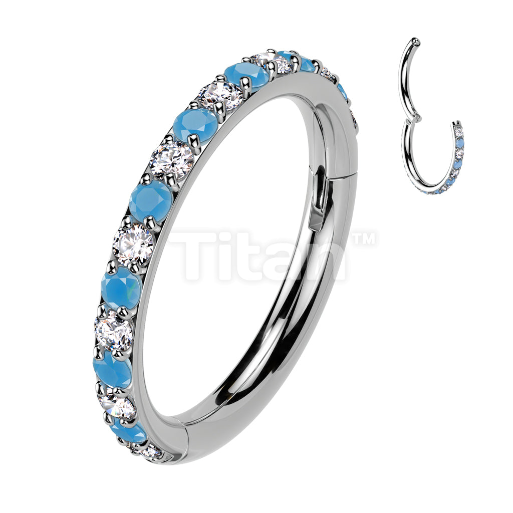 Implant Grade Titanium Hinged Segment Hoop Ring With Outward Facing Pave CZ and Turquoise - Image 3
