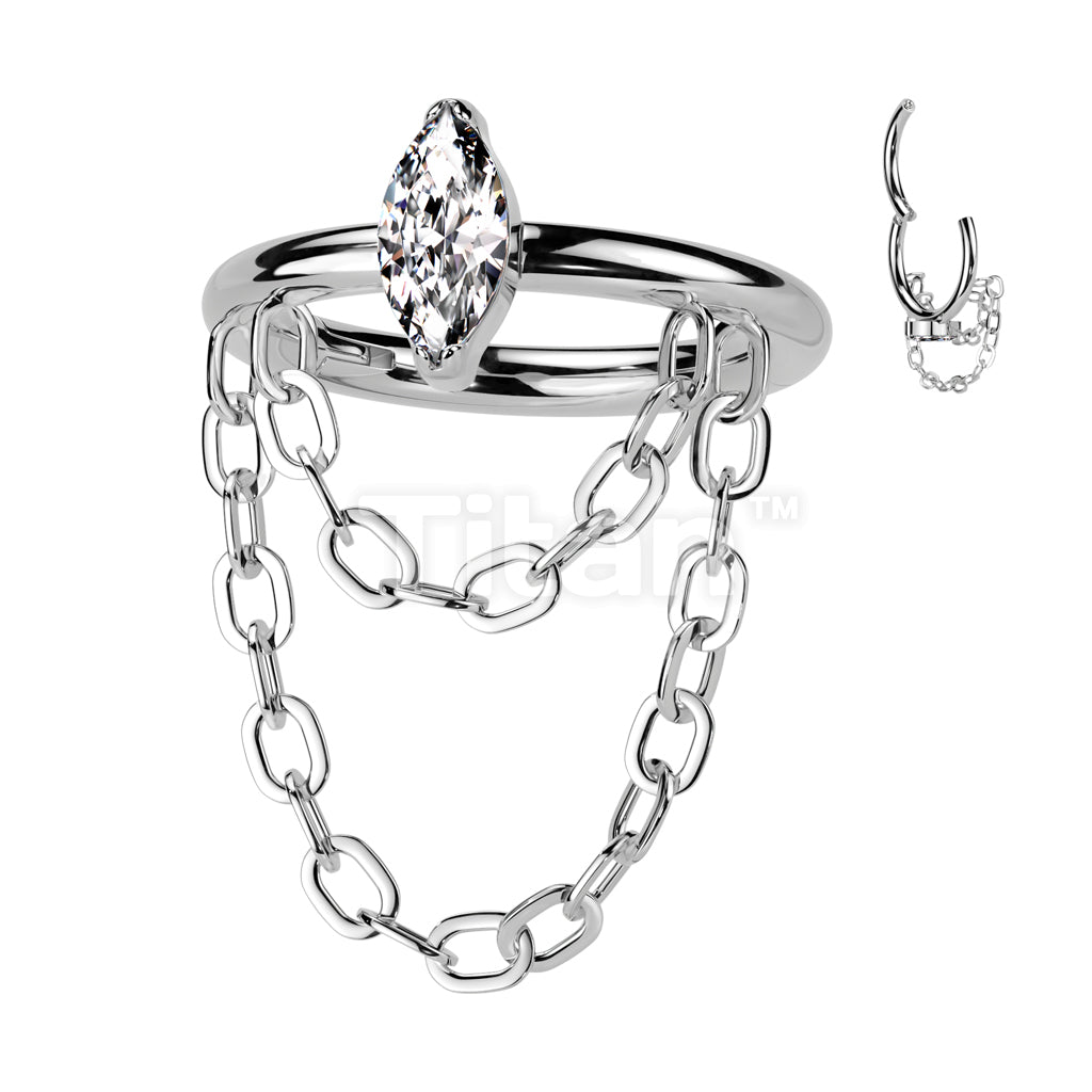 Implant Grade Titanium Hinged Segment Hoop Ring With Outward Facing Marquise CZ and Double Chain Dangle - Image 2
