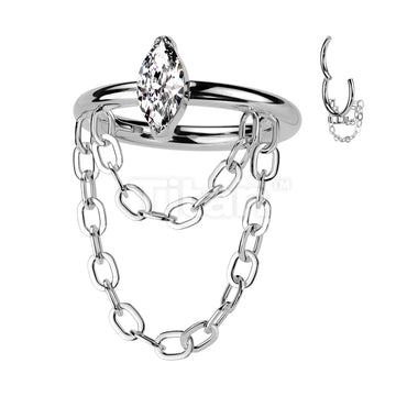 Implant Grade Titanium Hinged Segment Hoop Ring With Outward Facing Marquise CZ and Double Chain Dangle - Image 2