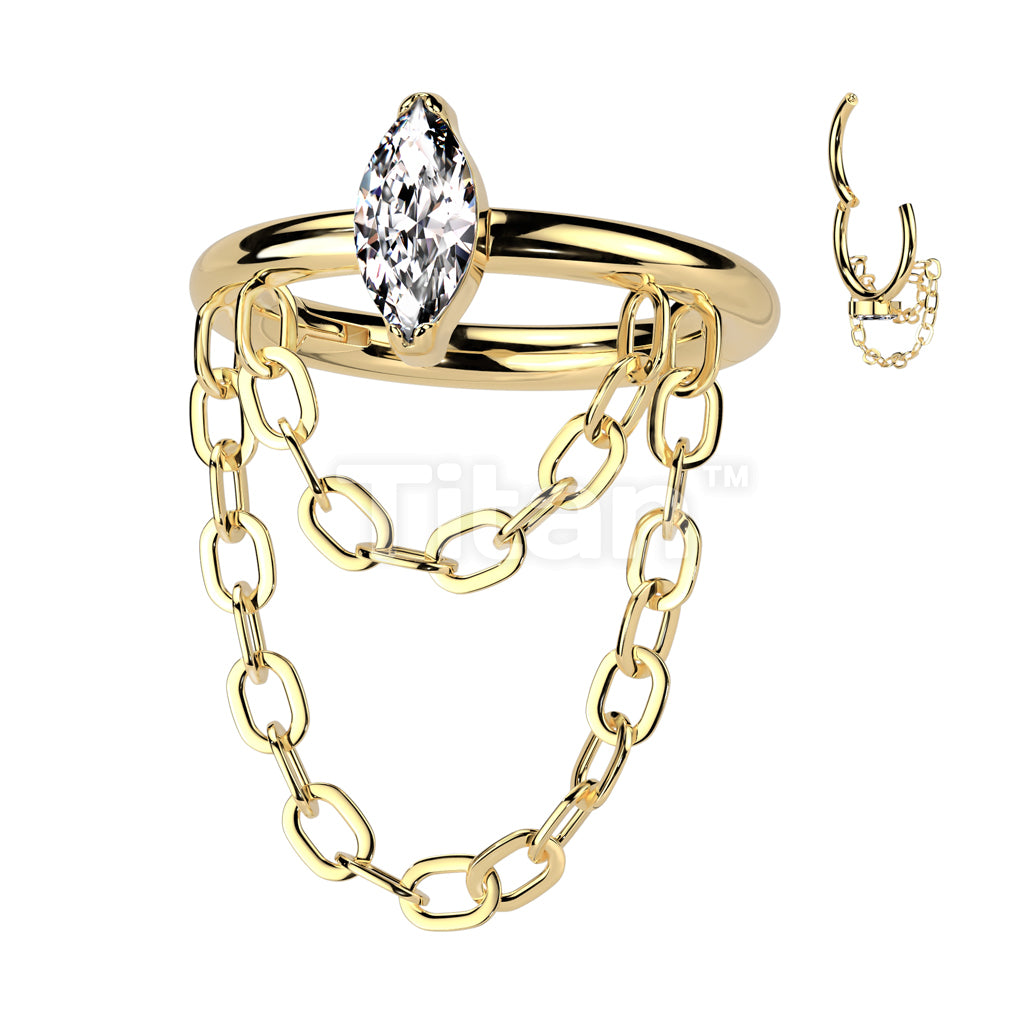 Implant Grade Titanium Hinged Segment Hoop Ring With Outward Facing Marquise CZ and Double Chain Dangle - Image 3