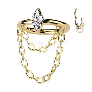 Implant Grade Titanium Hinged Segment Hoop Ring With Outward Facing Marquise CZ and Double Chain Dangle - Image 3