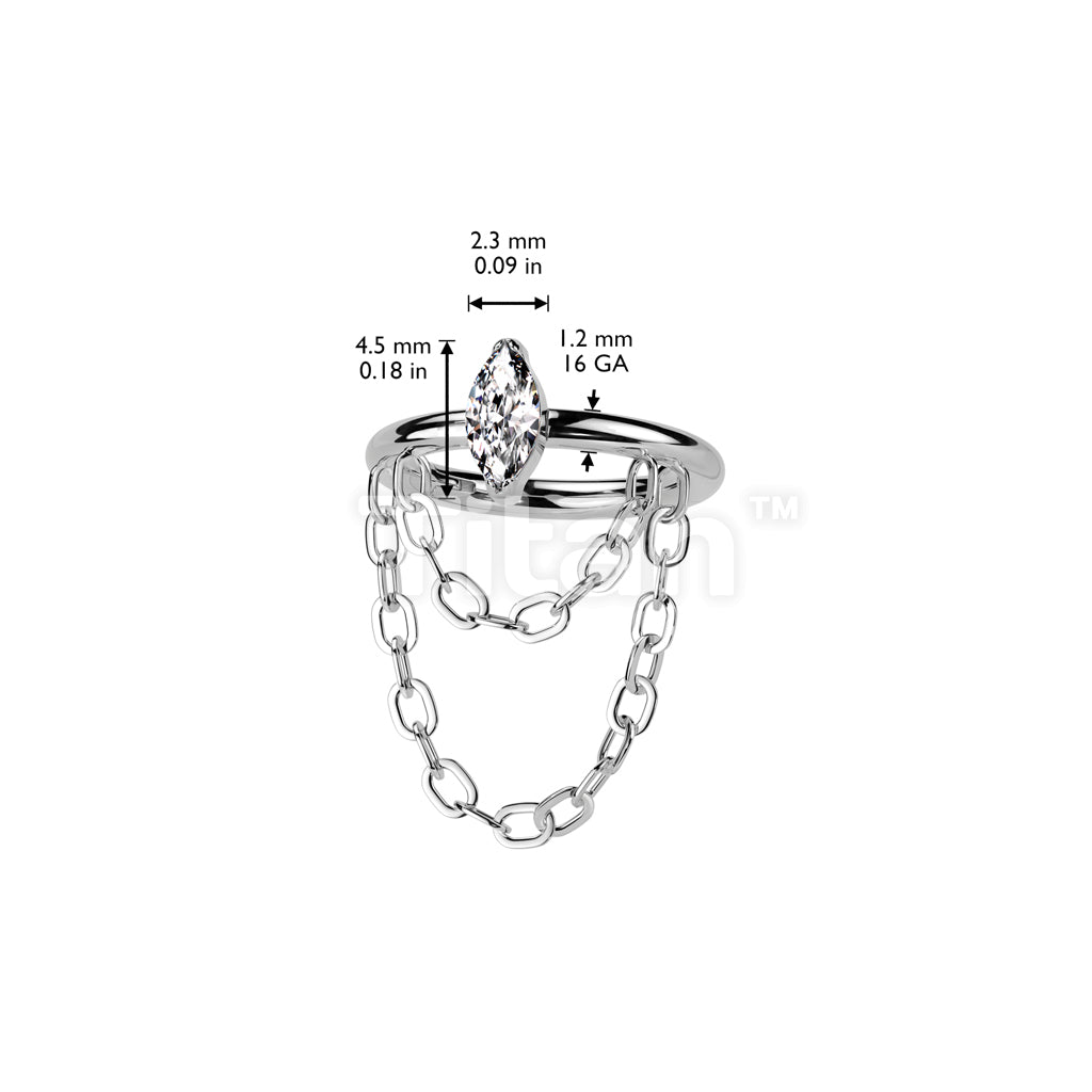 Implant Grade Titanium Hinged Segment Hoop Ring With Outward Facing Marquise CZ and Double Chain Dangle - Image 4