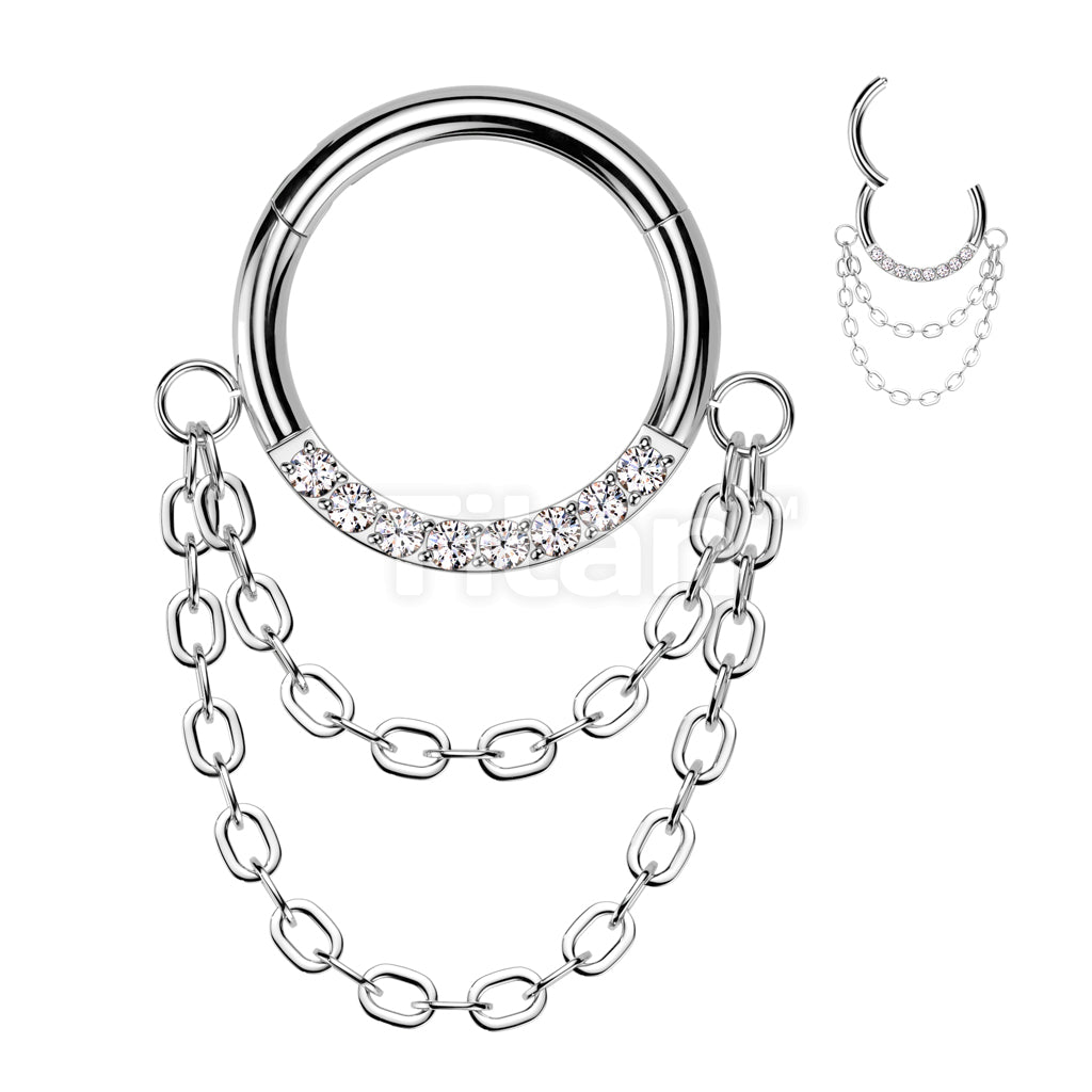 Implant Grade Titanium Hinged Segment Hoop Ring With Forward Facing CNC Set CZ and Double Chain Link Dangle - Image 3
