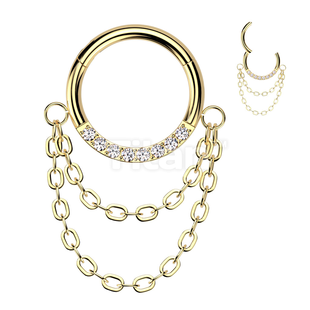 Implant Grade Titanium Hinged Segment Hoop Ring With Forward Facing CNC Set CZ and Double Chain Link Dangle - Image 2