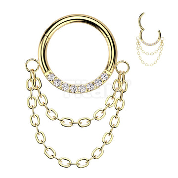 Implant Grade Titanium Hinged Segment Hoop Ring With Forward Facing CNC Set CZ and Double Chain Link Dangle - Image 2