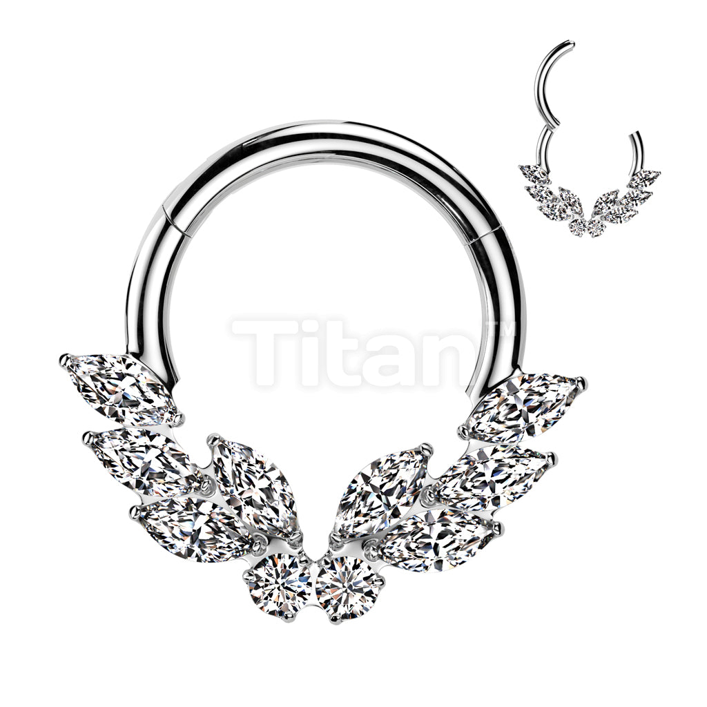 Implant Grade Titanium Hinged Segment Hoop Ring With CZ Butterfly Center and 3 Marquise CZ on Each Side - Image 2