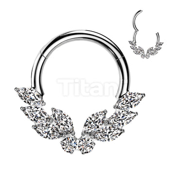 Implant Grade Titanium Hinged Segment Hoop Ring With CZ Butterfly Center and 3 Marquise CZ on Each Side - Image 2