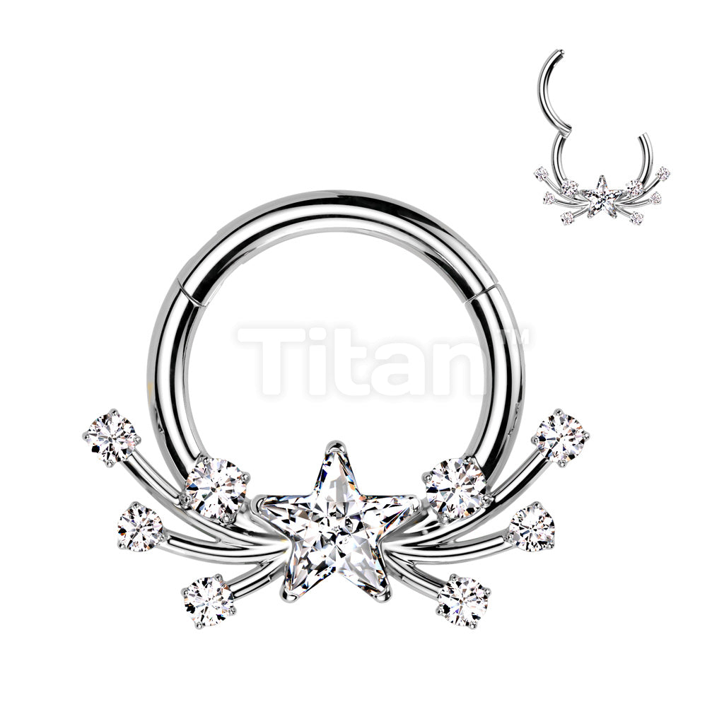 Implant Grade Titanium Hinged Segment Hoop Ring With Forward Facing CZ Star Center and Shooting Stars - Image 2
