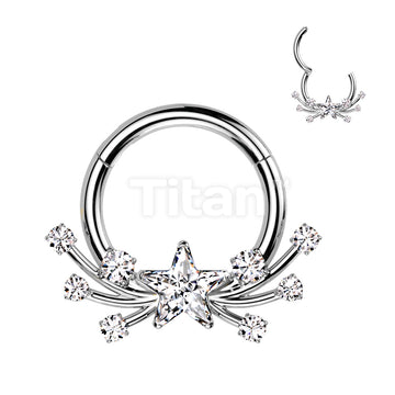 Implant Grade Titanium Hinged Segment Hoop Ring With Forward Facing CZ Star Center and Shooting Stars - Image 2