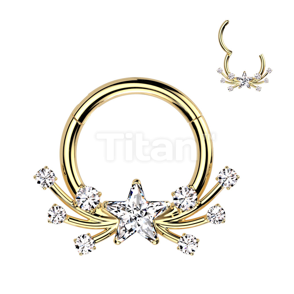 Implant Grade Titanium Hinged Segment Hoop Ring With Forward Facing CZ Star Center and Shooting Stars - Image 3