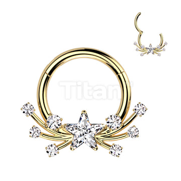 Implant Grade Titanium Hinged Segment Hoop Ring With Forward Facing CZ Star Center and Shooting Stars - Image 3