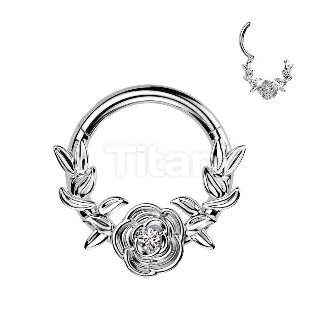 Implant Grade Titanium Hinged Segment Hoop Ring With Forward Facing Rose and Vines - Image 2