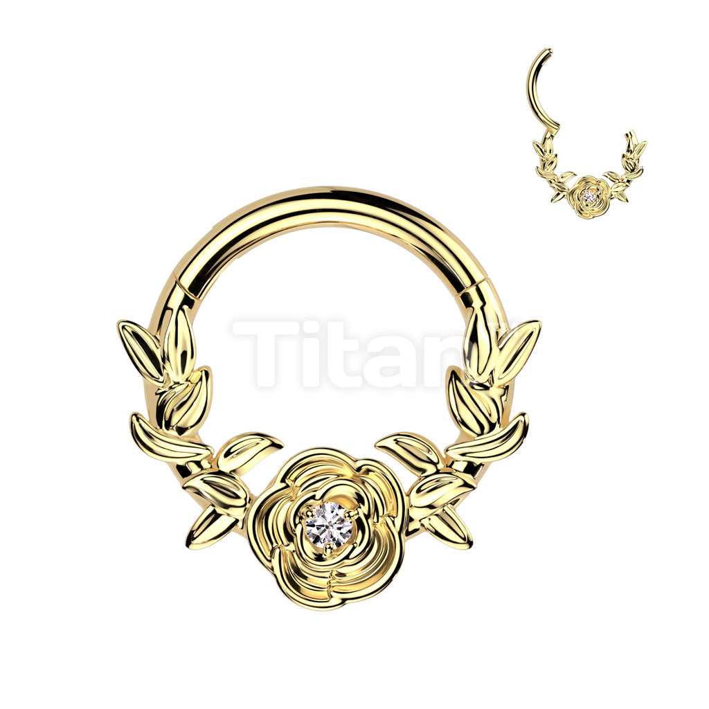 Implant Grade Titanium Hinged Segment Hoop Ring With Forward Facing Rose and Vines - Image 3