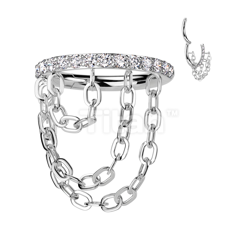 Implant Grade Titanium Hinged Segment Hoop Ring With Outward Facing CNC Set CZ and Triple Chain Link Dangle - Image 2
