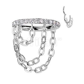 Implant Grade Titanium Hinged Segment Hoop Ring With Outward Facing CNC Set CZ and Triple Chain Link Dangle - Image 2