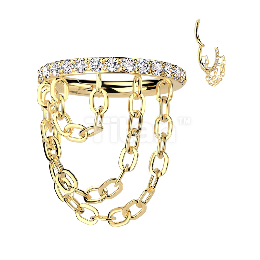 Implant Grade Titanium Hinged Segment Hoop Ring With Outward Facing CNC Set CZ and Triple Chain Link Dangle - Image 3
