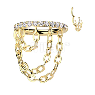 Implant Grade Titanium Hinged Segment Hoop Ring With Outward Facing CNC Set CZ and Triple Chain Link Dangle - Image 3