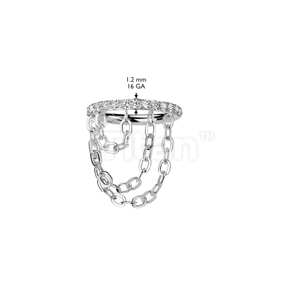 Implant Grade Titanium Hinged Segment Hoop Ring With Outward Facing CNC Set CZ and Triple Chain Link Dangle - Image 4