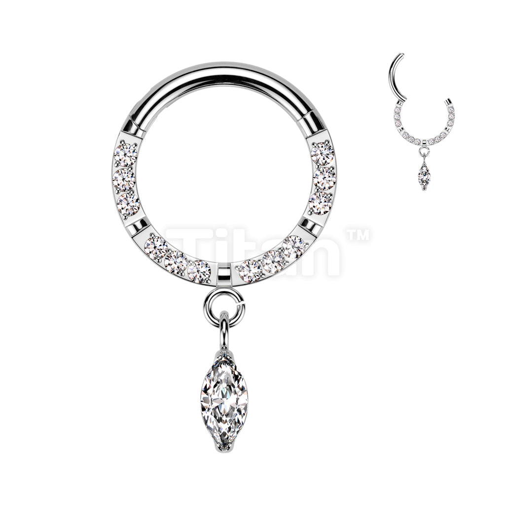 Implant Grade Titanium Hinged Segment Hoop Ring With Forward Facing CNC Set CZ and Marquise CZ Dangle - Image 2