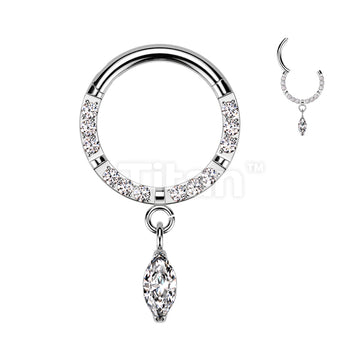Implant Grade Titanium Hinged Segment Hoop Ring With Forward Facing CNC Set CZ and Marquise CZ Dangle - Image 2