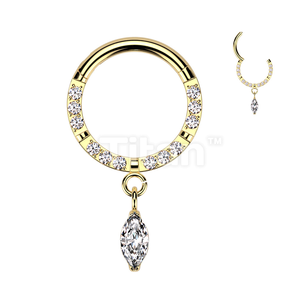 Implant Grade Titanium Hinged Segment Hoop Ring With Forward Facing CNC Set CZ and Marquise CZ Dangle - Image 3