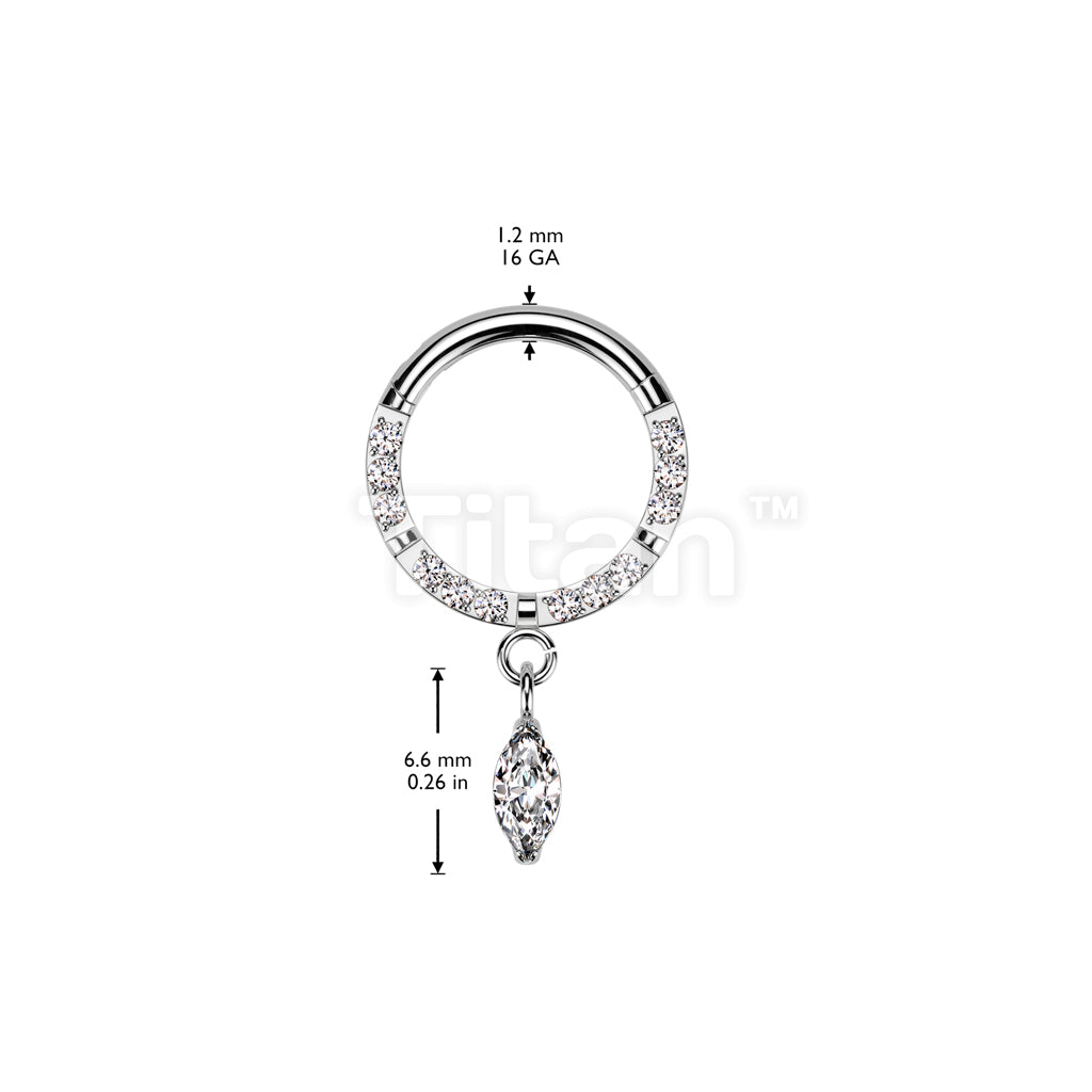 Implant Grade Titanium Hinged Segment Hoop Ring With Forward Facing CNC Set CZ and Marquise CZ Dangle - Image 4