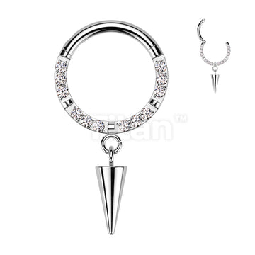 Implant Grade Titanium Hinged Segment Hoop Ring With Forward Facing CNC Set CZ and Spike Dangle - Image 2