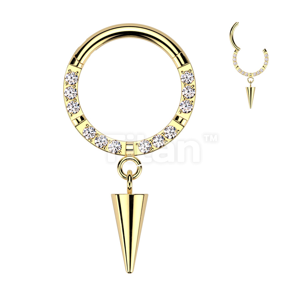 Implant Grade Titanium Hinged Segment Hoop Ring With Forward Facing CNC Set CZ and Spike Dangle - Image 3