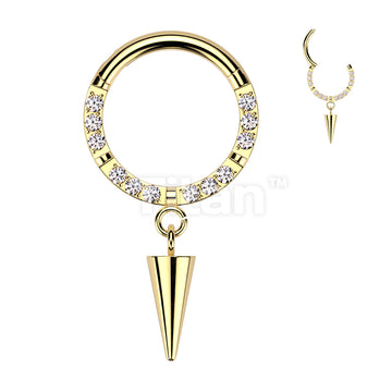 Implant Grade Titanium Hinged Segment Hoop Ring With Forward Facing CNC Set CZ and Spike Dangle - Image 3