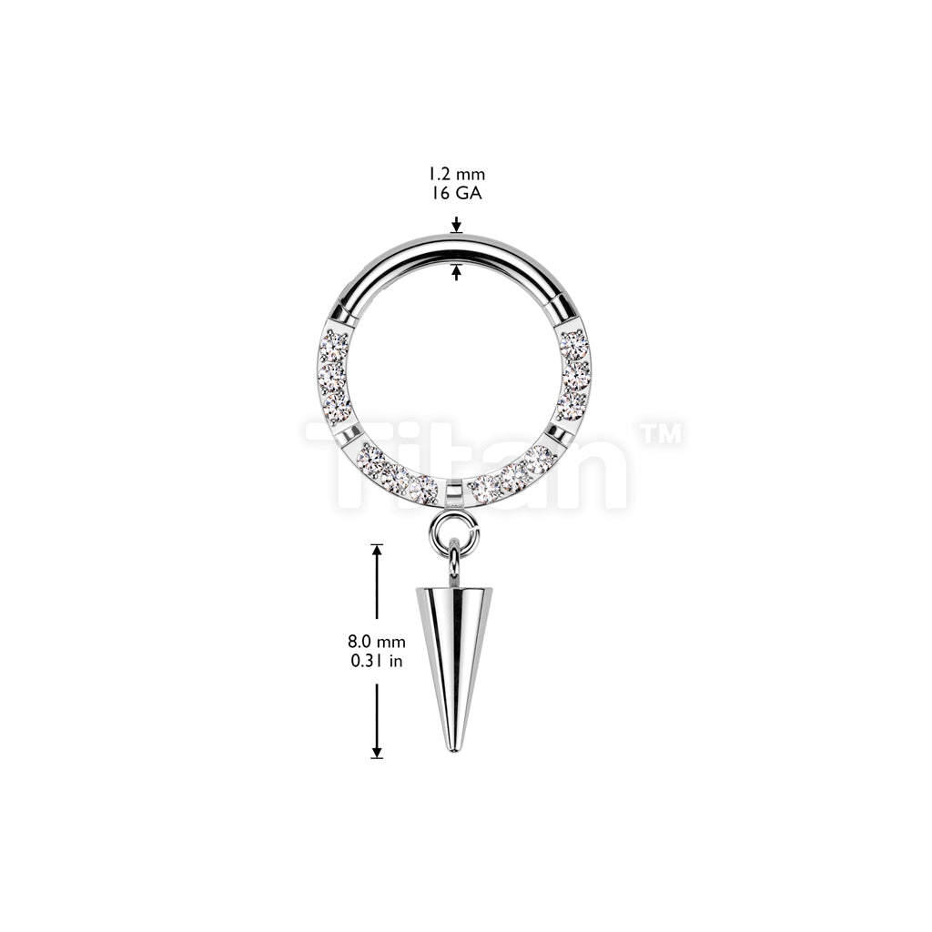 Implant Grade Titanium Hinged Segment Hoop Ring With Forward Facing CNC Set CZ and Spike Dangle - Image 4
