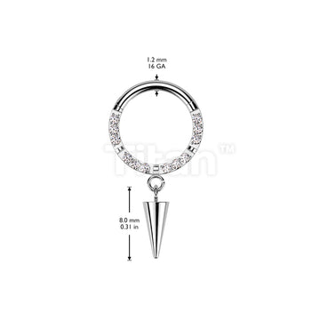 Implant Grade Titanium Hinged Segment Hoop Ring With Forward Facing CNC Set CZ and Spike Dangle - Image 4