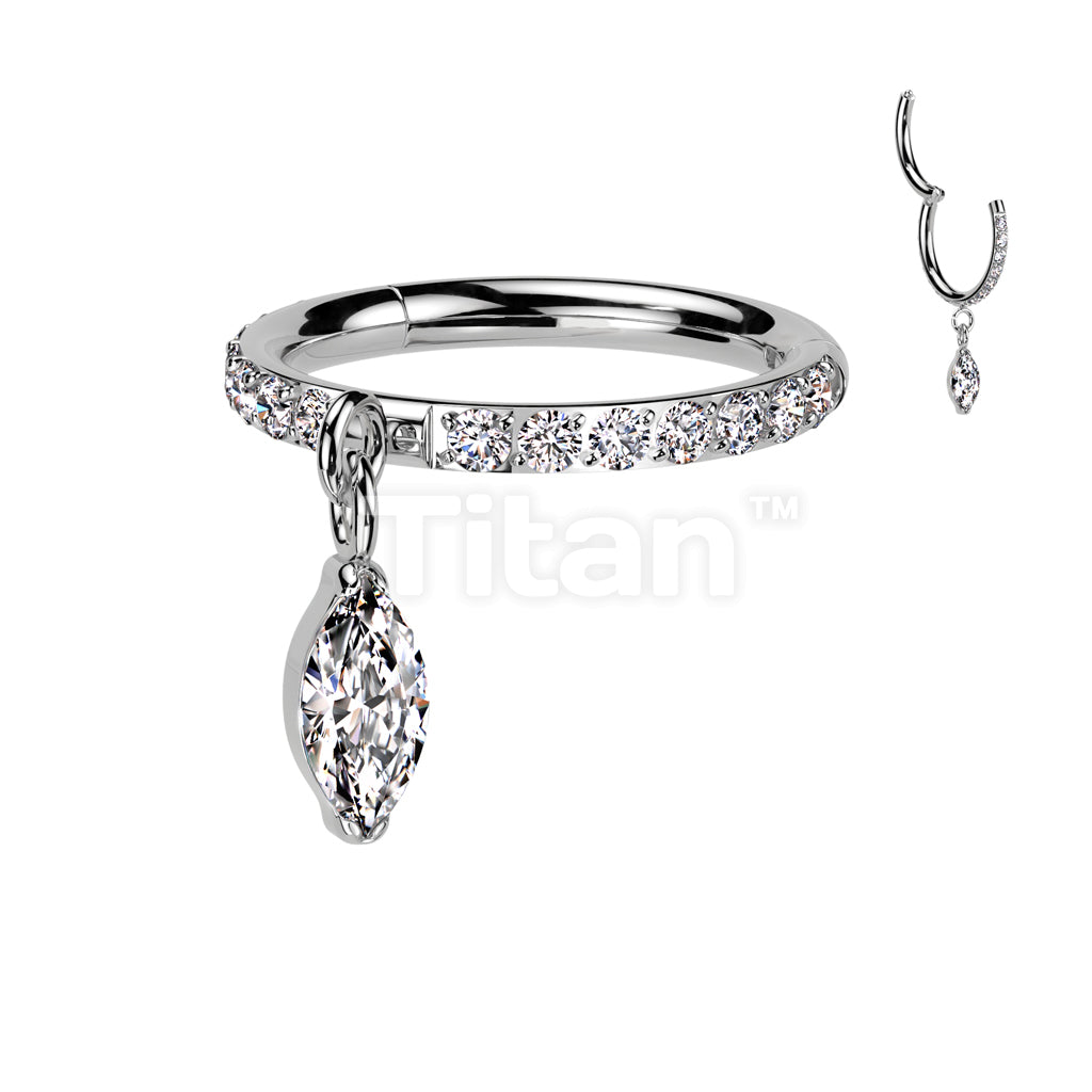 Implant Grade Titanium Hinged Segment Hoop Ring With Front Facing CNC Set CZ and Marquise CZ Dangle - Image 2