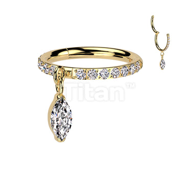 Implant Grade Titanium Hinged Segment Hoop Ring With Front Facing CNC Set CZ and Marquise CZ Dangle - Image 3