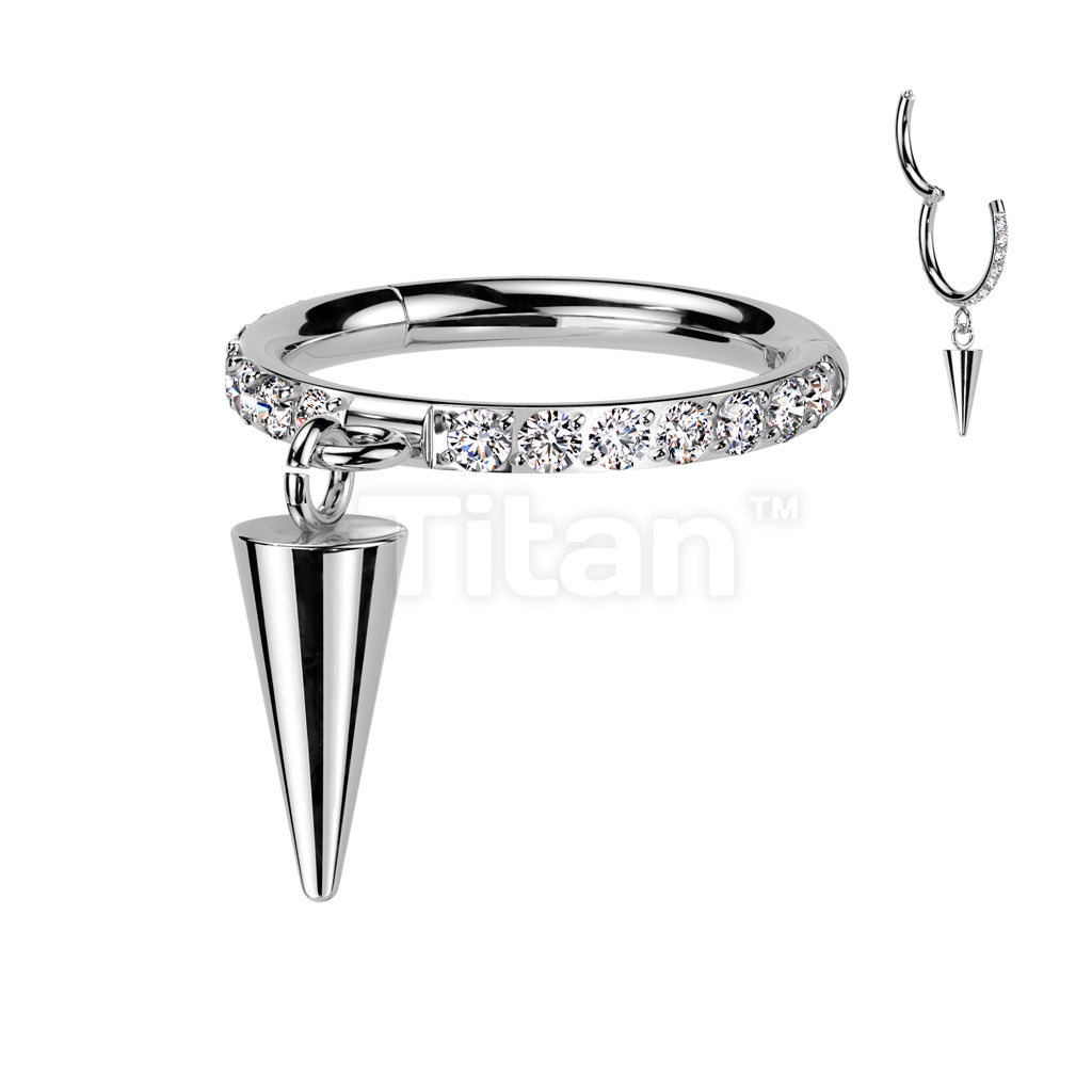 Implant Grade Titanium Hinged Segment Hoop Ring With Front Facing CNC Set CZ and Spike Dangle - Image 2