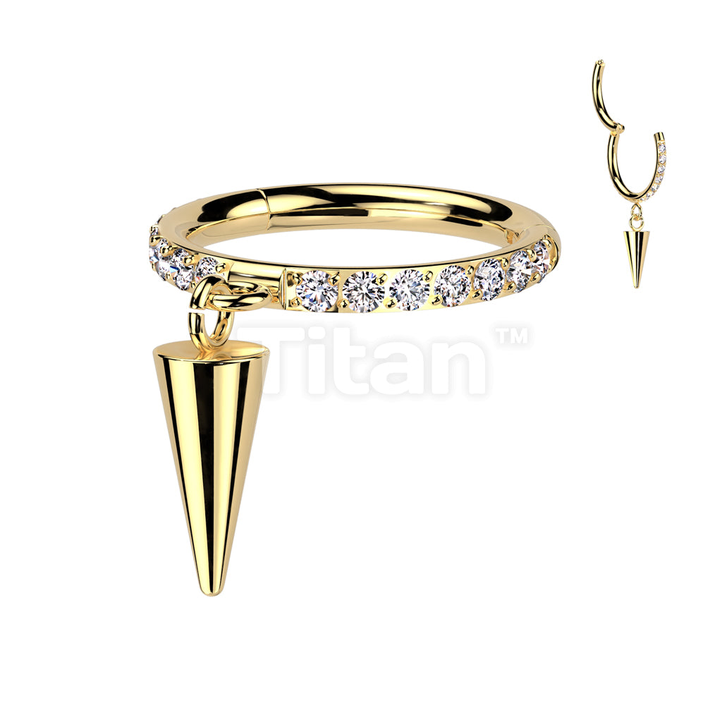 Implant Grade Titanium Hinged Segment Hoop Ring With Front Facing CNC Set CZ and Spike Dangle - Image 3