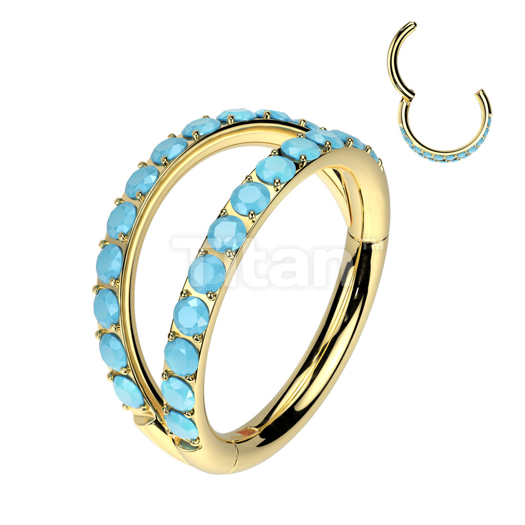 Implant Grade Titanium Hinged Segment Double Hoop Ring With Outward Facing Pave Turquoise - Image 2
