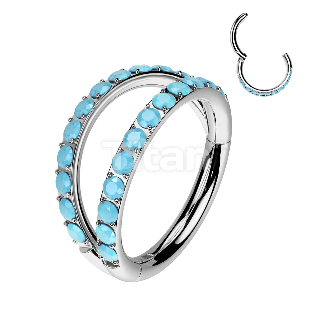 Implant Grade Titanium Hinged Segment Double Hoop Ring With Outward Facing Pave Turquoise - Image 3