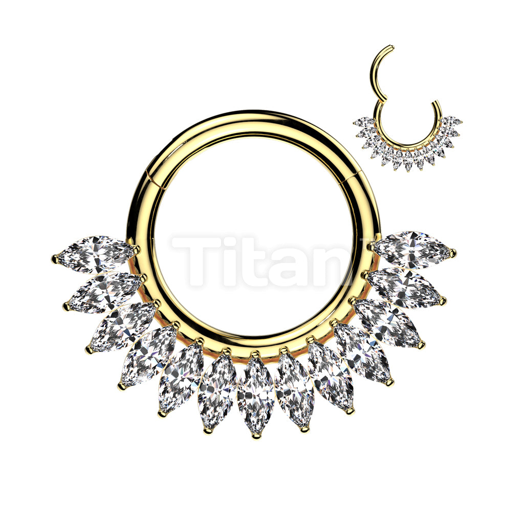 Implant Grade Titanium Hinged Segment Hoop Ring With Forward Facing Half Circle Marquise CZ Fan - Image 3